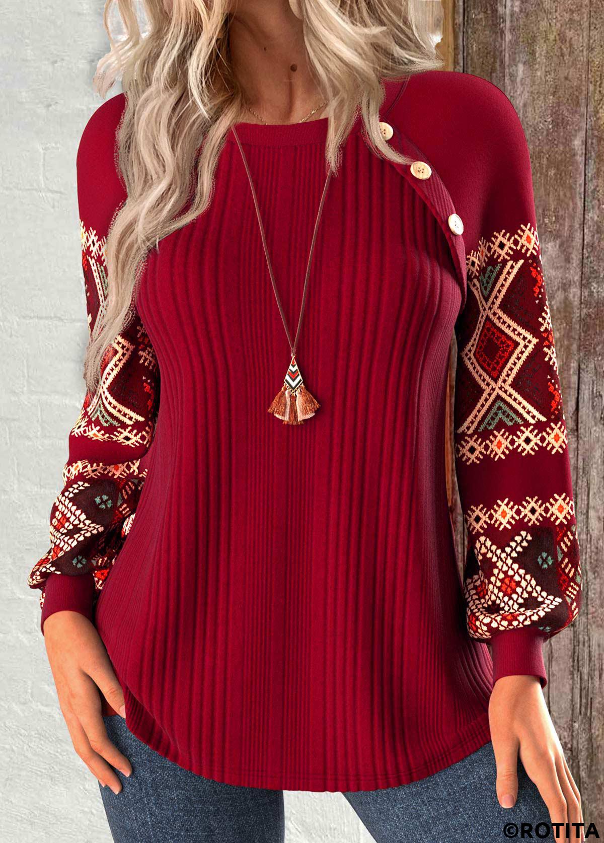 sweat-shirt col rond rouge vin à imprimé tribal patchwork rotita