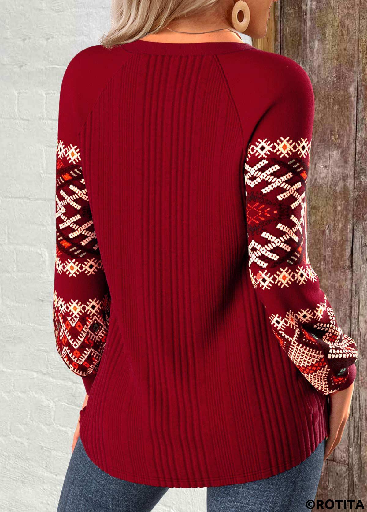 sweat-shirt col rond rouge vin à imprimé tribal patchwork rotita
