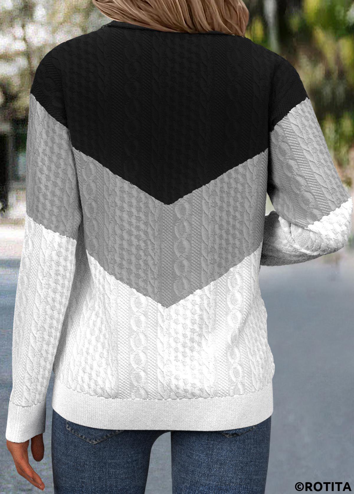 Black tops,Contrast Color tops,ROTITA Jacquard Black Turn Down Collar Long Sleeve Sweatshirt
