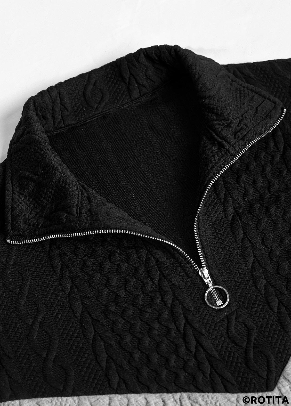 Black tops,Contrast Color tops,ROTITA Jacquard Black Turn Down Collar Long Sleeve Sweatshirt