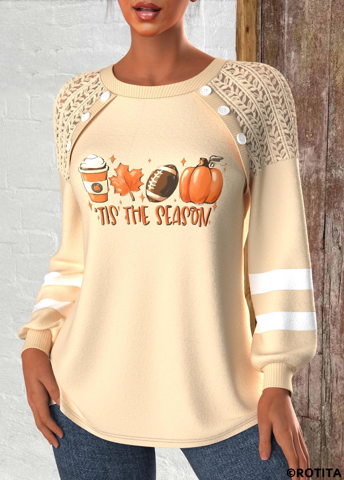 Light Camel tops,Halloween tops,Plants tops,Striped tops,Letter tops,ROTITA Halloween Patchwork Light Camel Round Neck Long Sleeve Sweatshirt