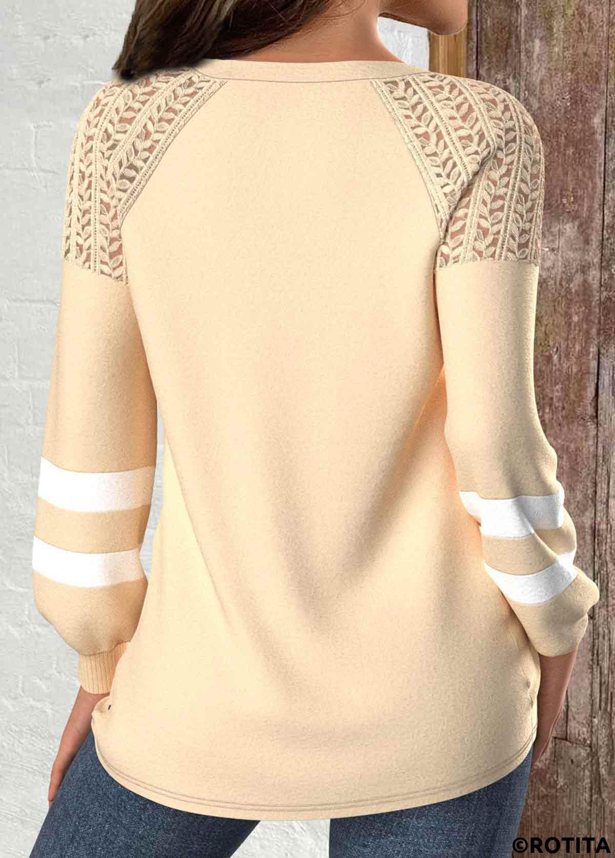 Light Camel tops,Halloween tops,Plants tops,Striped tops,Letter tops,ROTITA Halloween Patchwork Light Camel Round Neck Long Sleeve Sweatshirt