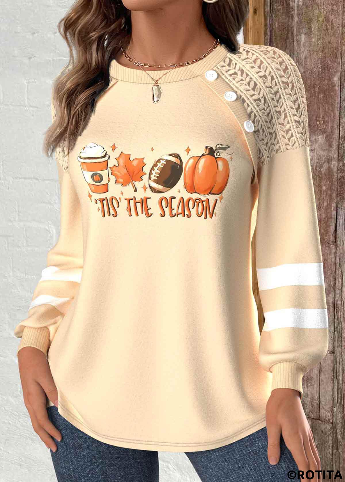 Light Camel tops,Halloween tops,Plants tops,Striped tops,Letter tops,ROTITA Halloween Patchwork Light Camel Round Neck Long Sleeve Sweatshirt