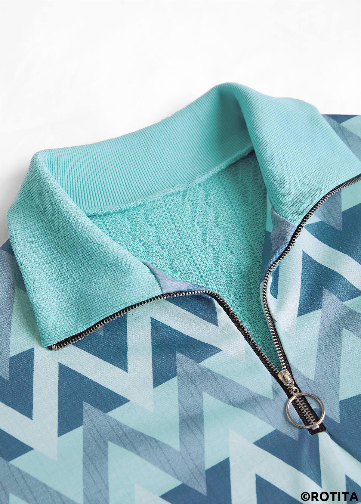 Mint Green tops,Geometric tops,ROTITA Zipper Geometric Print Mint Green V Neck Sweatshirt
