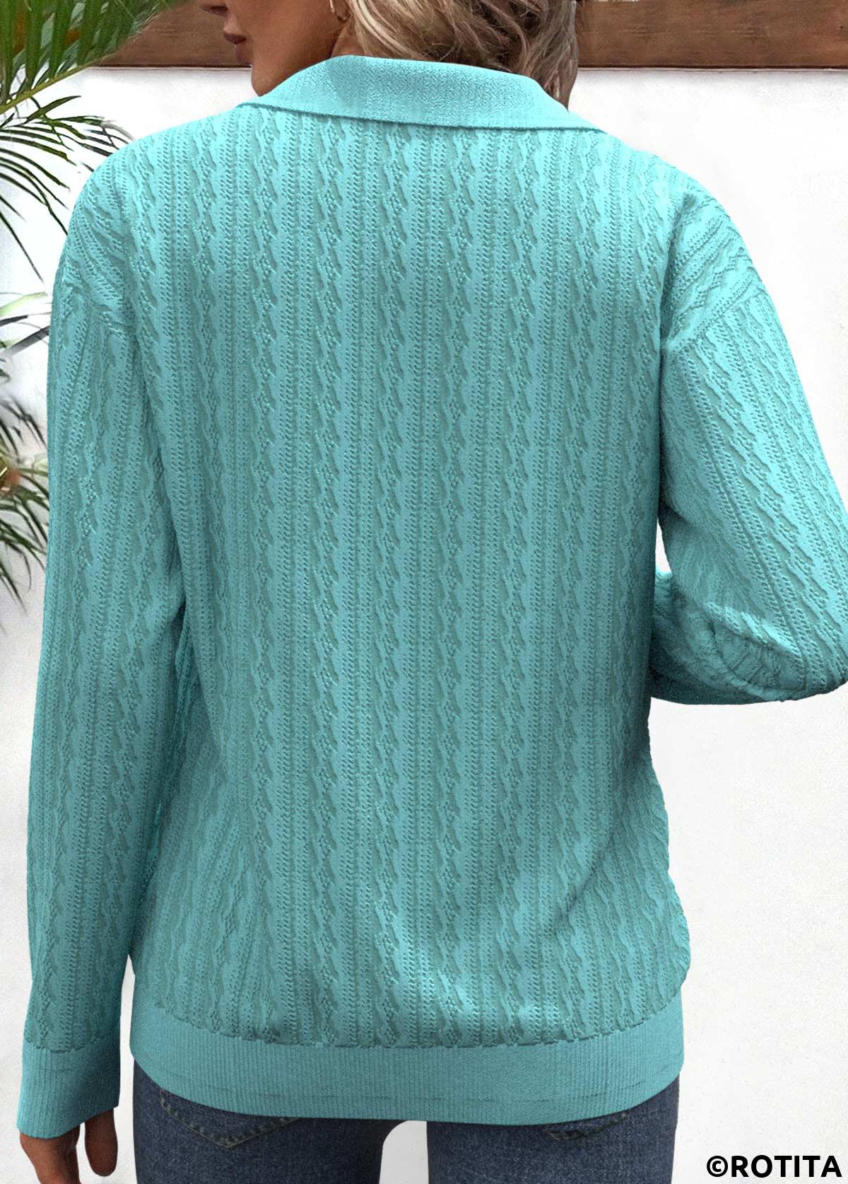 Mint Green tops,Geometric tops,ROTITA Zipper Geometric Print Mint Green V Neck Sweatshirt