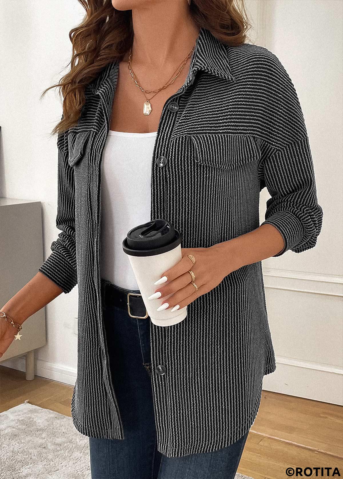 Grey tops,Plain Color tops,Geometric tops,ROTITA Patchwork Grey Turn Down Collar Long Sleeve Coat