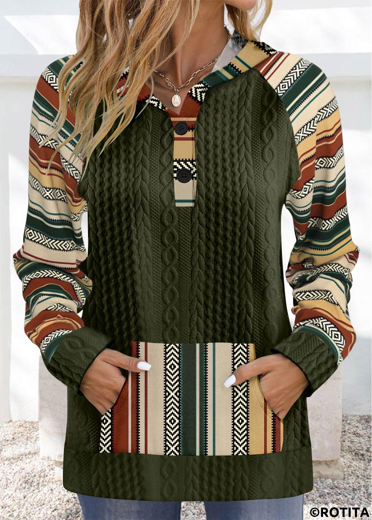 Olive Green tops,Tribal tops,ROTITA Patchwork Tribal Print Olive Green Long Sleeve Hoodie