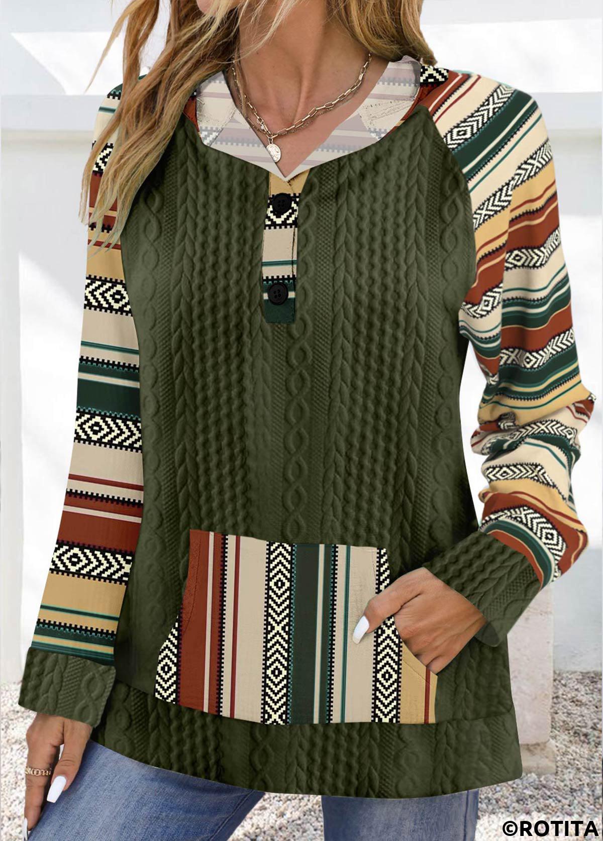 Olive Green tops,Tribal tops,ROTITA Patchwork Tribal Print Olive Green Long Sleeve Hoodie