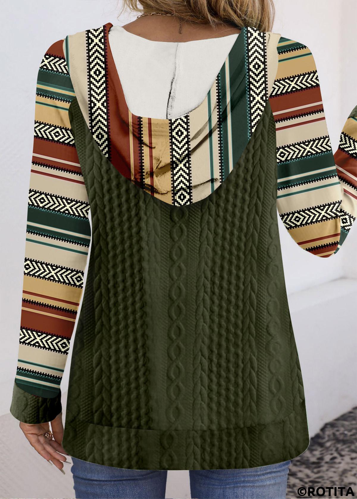 Olive Green tops,Tribal tops,ROTITA Patchwork Tribal Print Olive Green Long Sleeve Hoodie