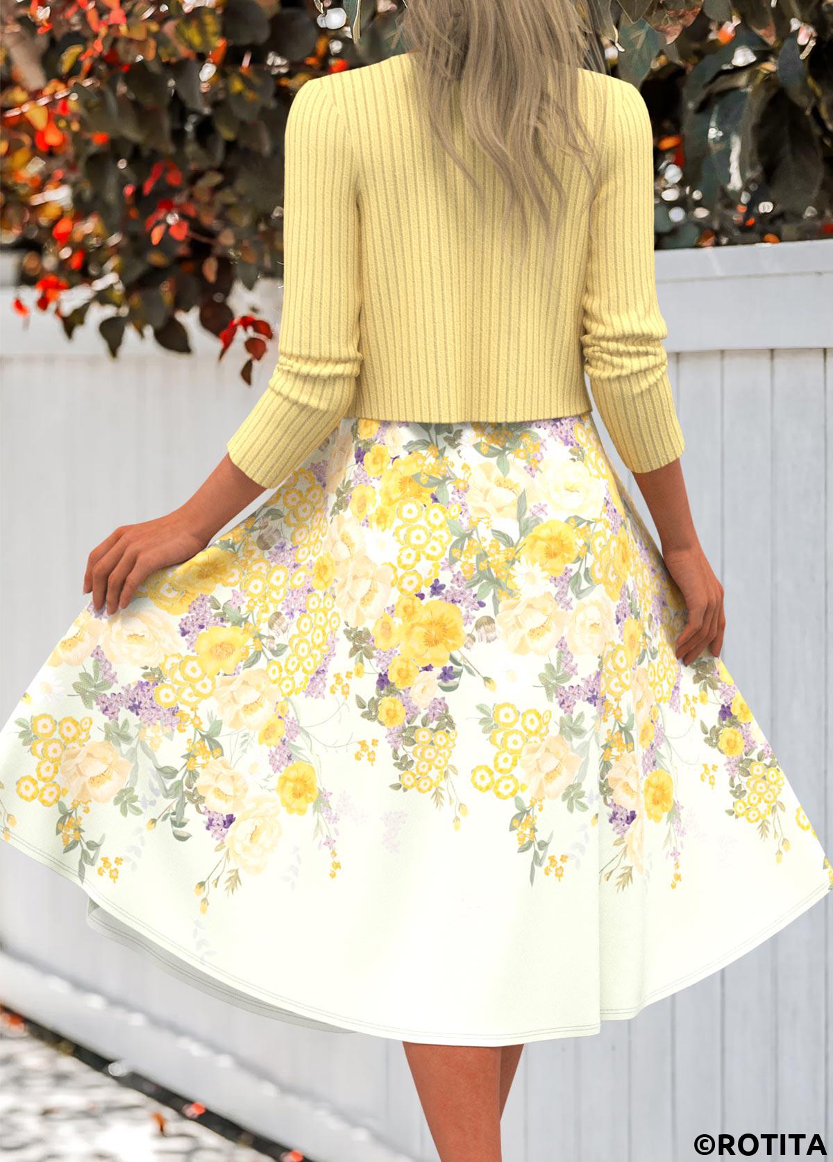Light Yellow dresses,Floral dresses,Plants dresses,Everyday dresses,Casual dresses,ROTITA Two Piece Floral Print Light Yellow Dress and Cardigan