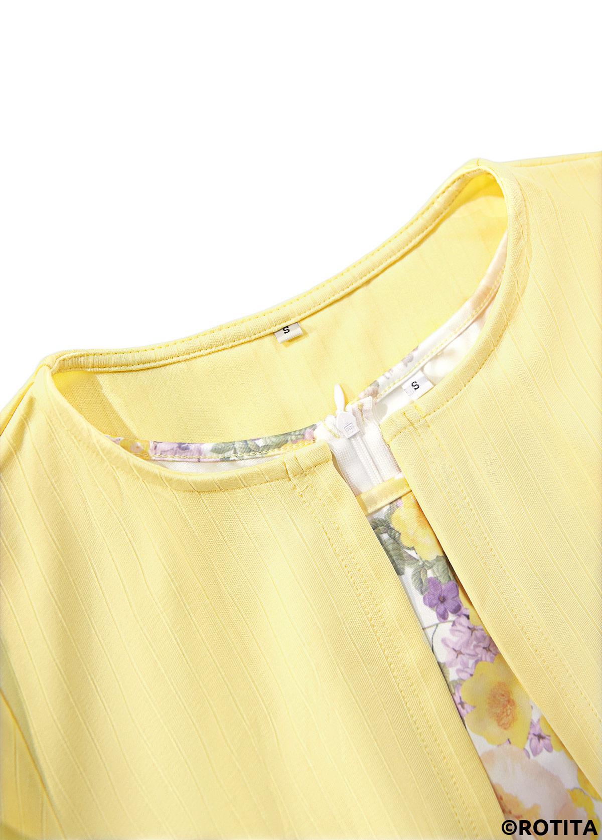 Light Yellow dresses,Floral dresses,Plants dresses,Everyday dresses,Casual dresses,ROTITA Two Piece Floral Print Light Yellow Dress and Cardigan