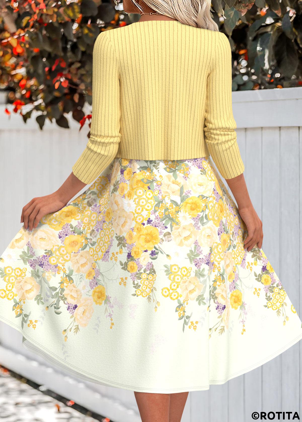 Light Yellow dresses,Floral dresses,Plants dresses,Everyday dresses,Casual dresses,ROTITA Two Piece Floral Print Light Yellow Dress and Cardigan