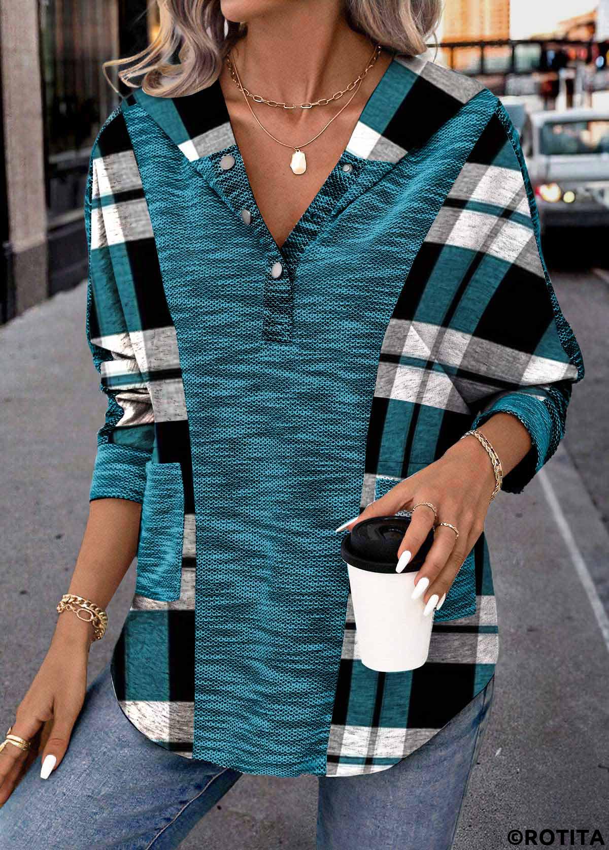 Peacock Blue tops,Plaid tops,ROTITA Patchwork Plaid Peacock Blue Long Sleeve Hoodie