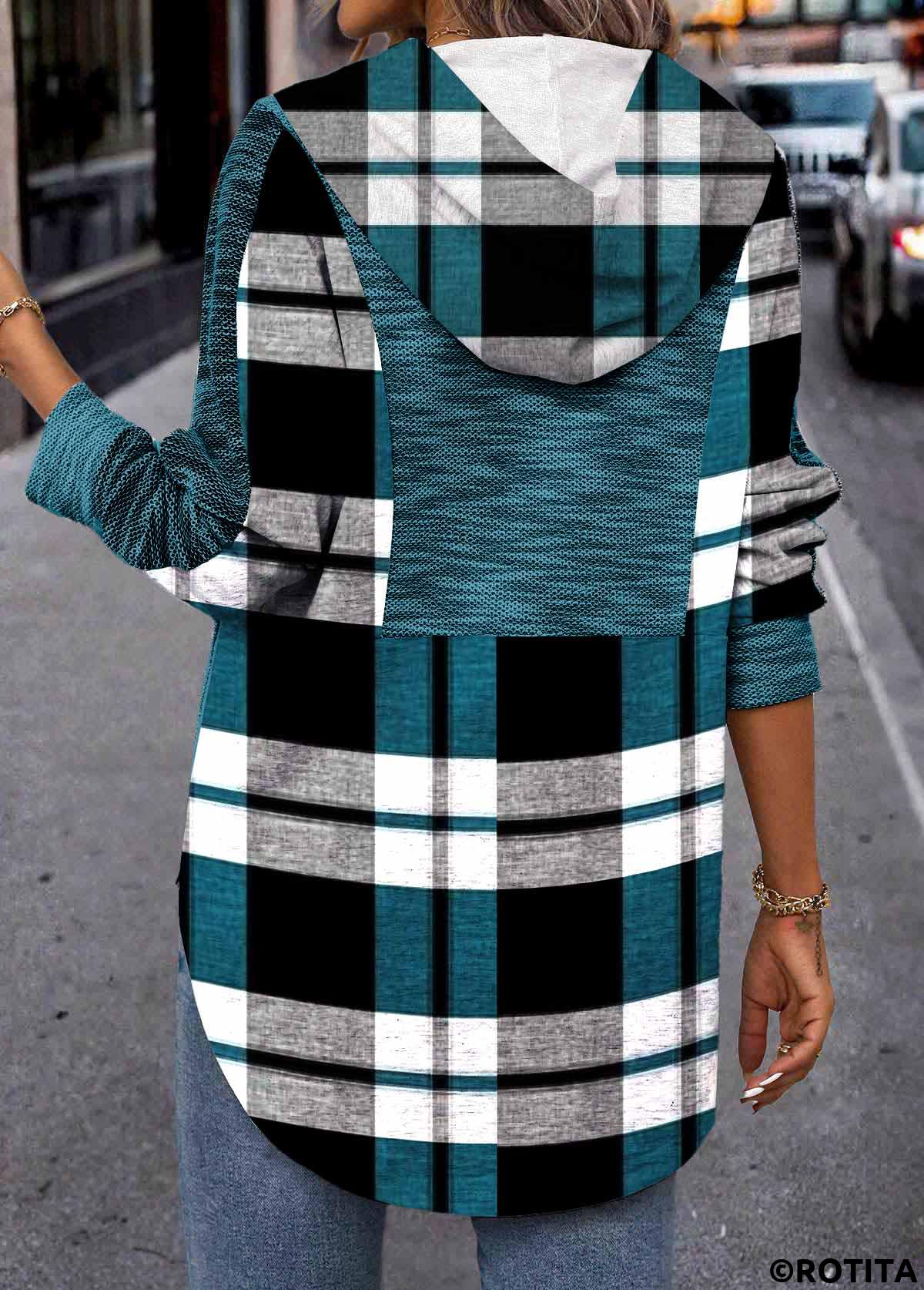 Peacock Blue tops,Plaid tops,ROTITA Patchwork Plaid Peacock Blue Long Sleeve Hoodie
