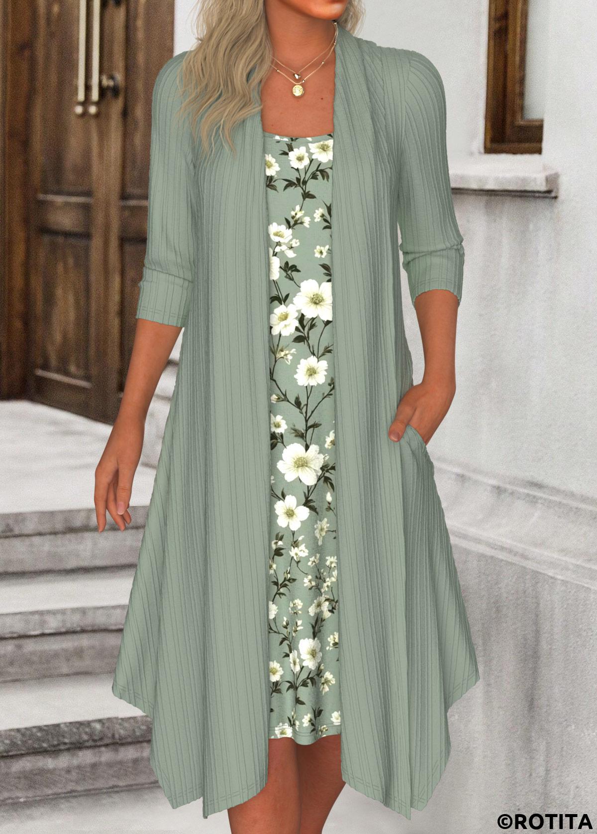 Sage Green plus size,Floral plus size,Plants plus size,ROTITA Plus Size Fake 2in1 Sage Green Floral Print Dress