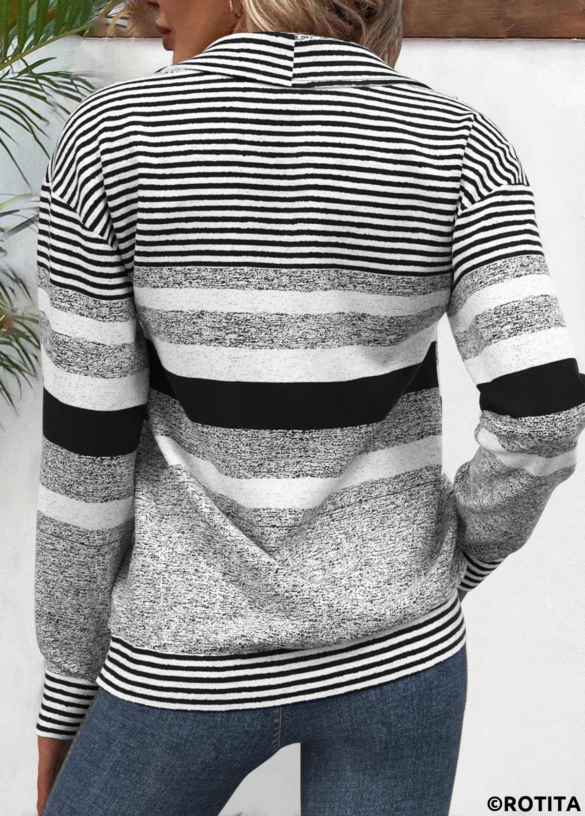 Black tops,Striped tops,Geometric tops,ROTITA Zipper Striped Black Turn Down Collar Long Sleeve Sweatshirt