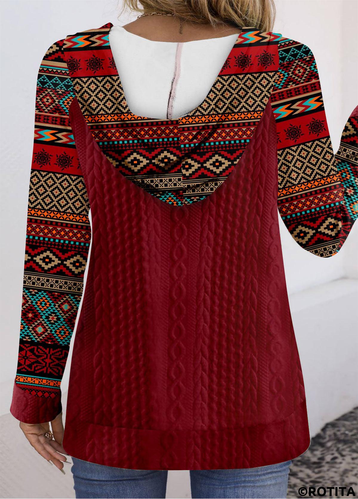 Wine Red plus size,Tribal plus size,ROTITA Plus Size Patchwork Wine Red Tribal Print Hoodie