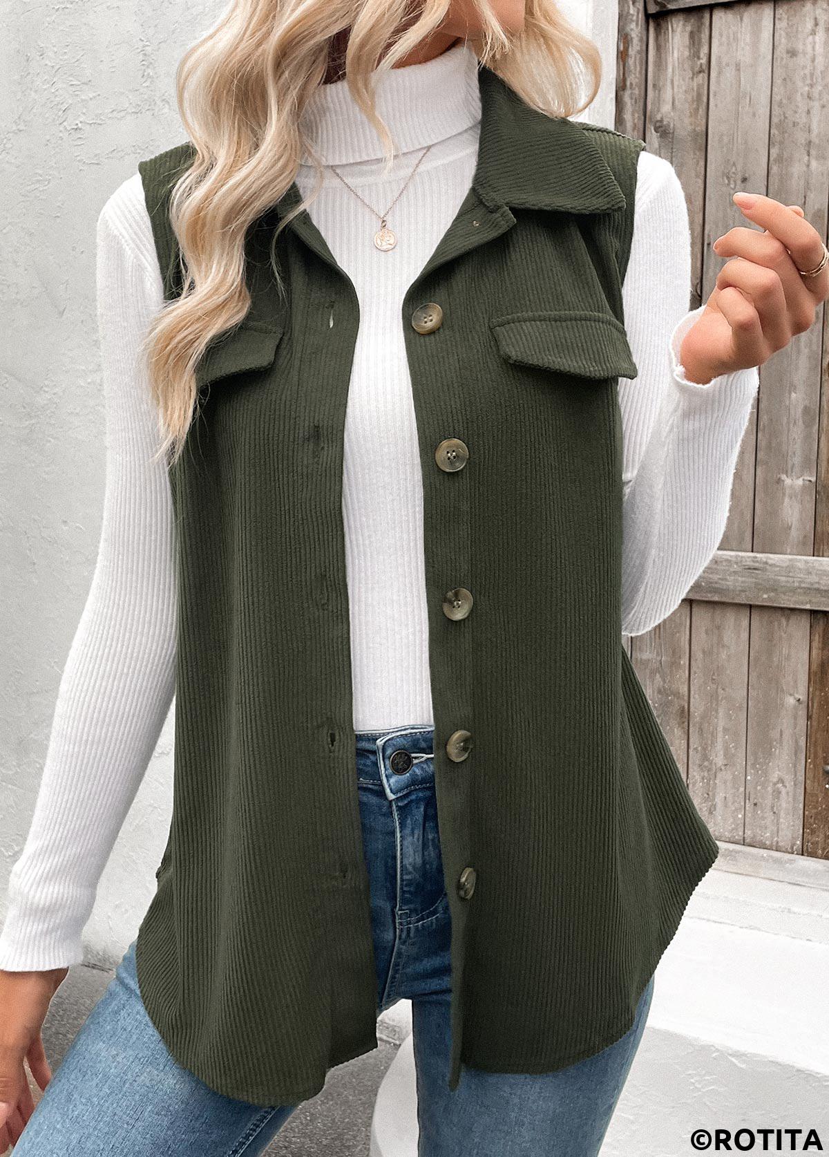 Olive Green plus size,Plain Color plus size,ROTITA Plus Size Patchwork Olive Green Shirt Collar Corduroy Waistcoat