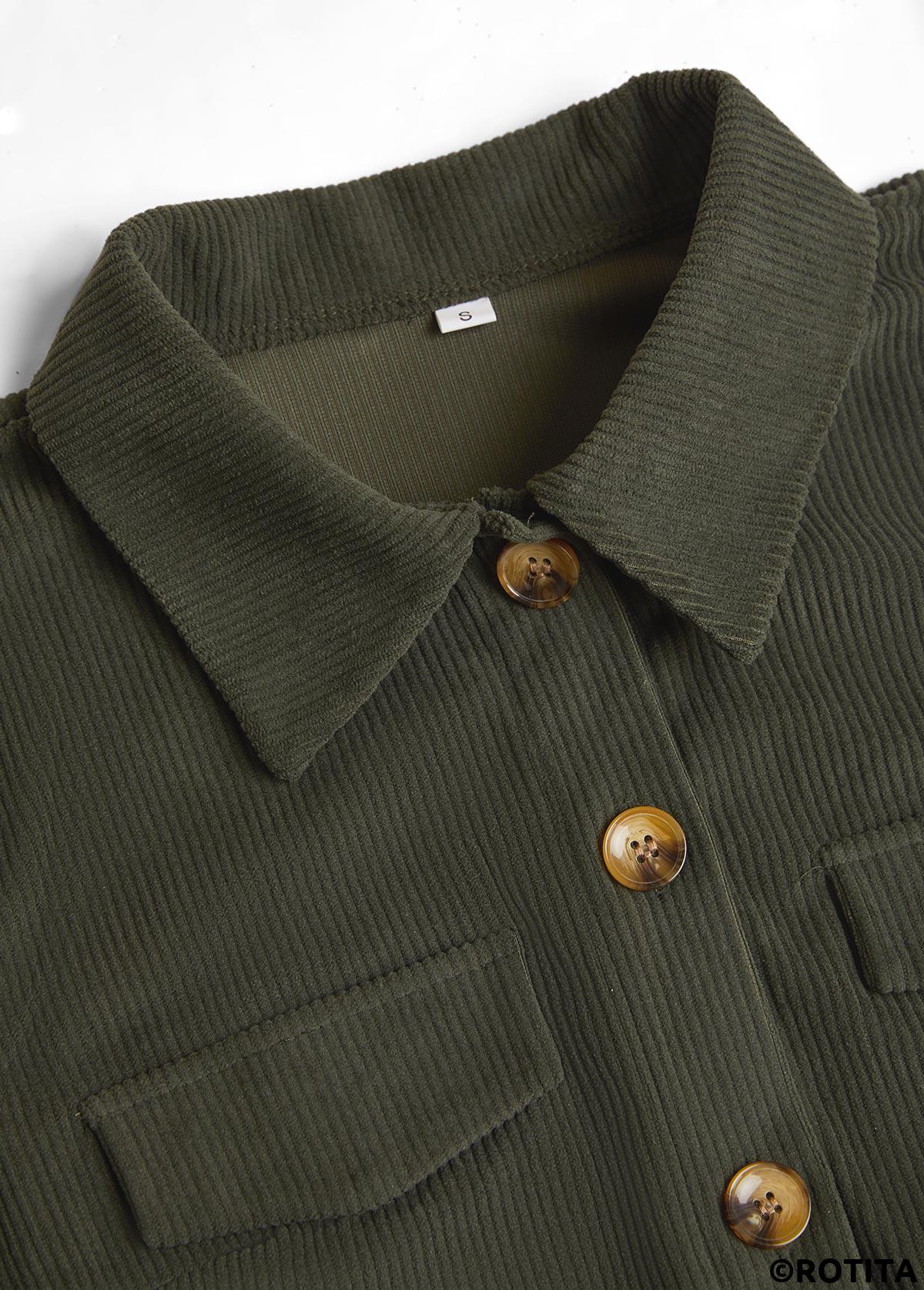 Olive Green plus size,Plain Color plus size,ROTITA Plus Size Patchwork Olive Green Shirt Collar Corduroy Waistcoat