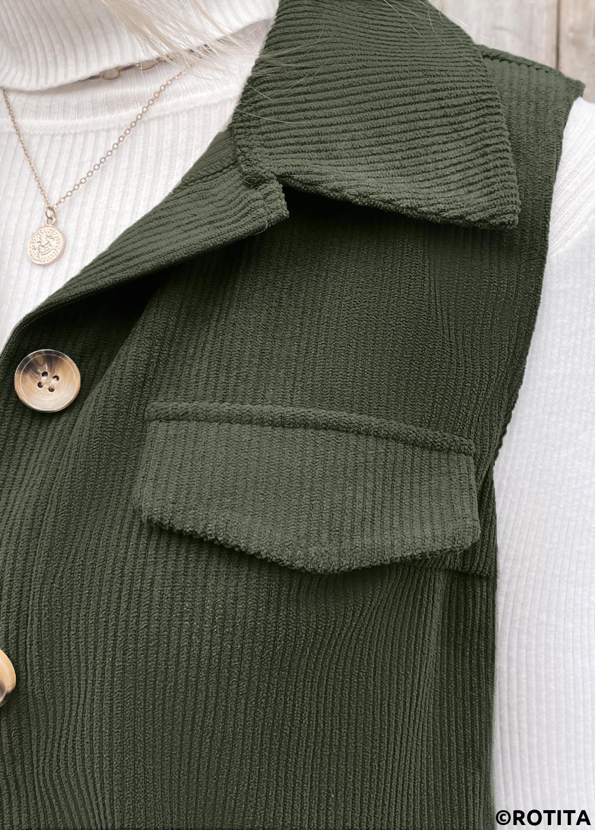 Olive Green plus size,Plain Color plus size,ROTITA Plus Size Patchwork Olive Green Shirt Collar Corduroy Waistcoat