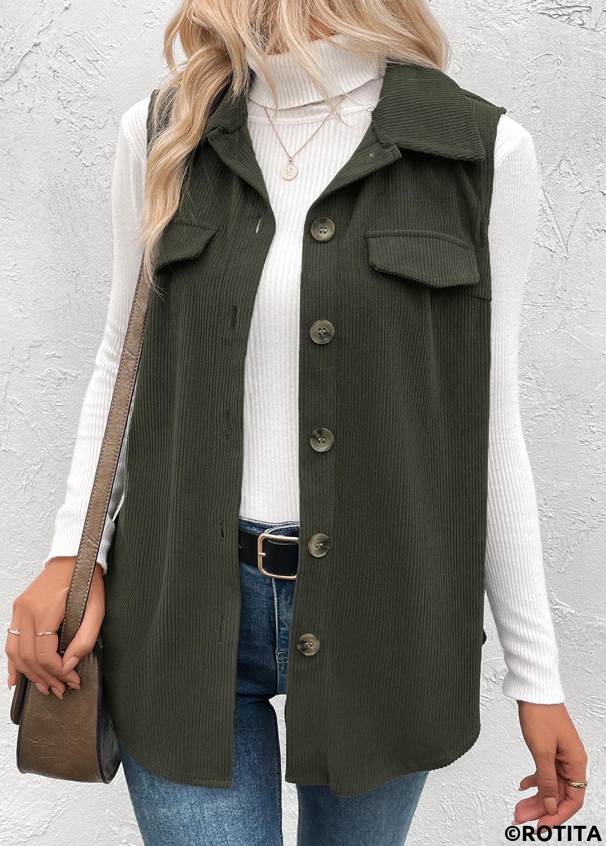 Olive Green plus size,Plain Color plus size,ROTITA Plus Size Patchwork Olive Green Shirt Collar Corduroy Waistcoat