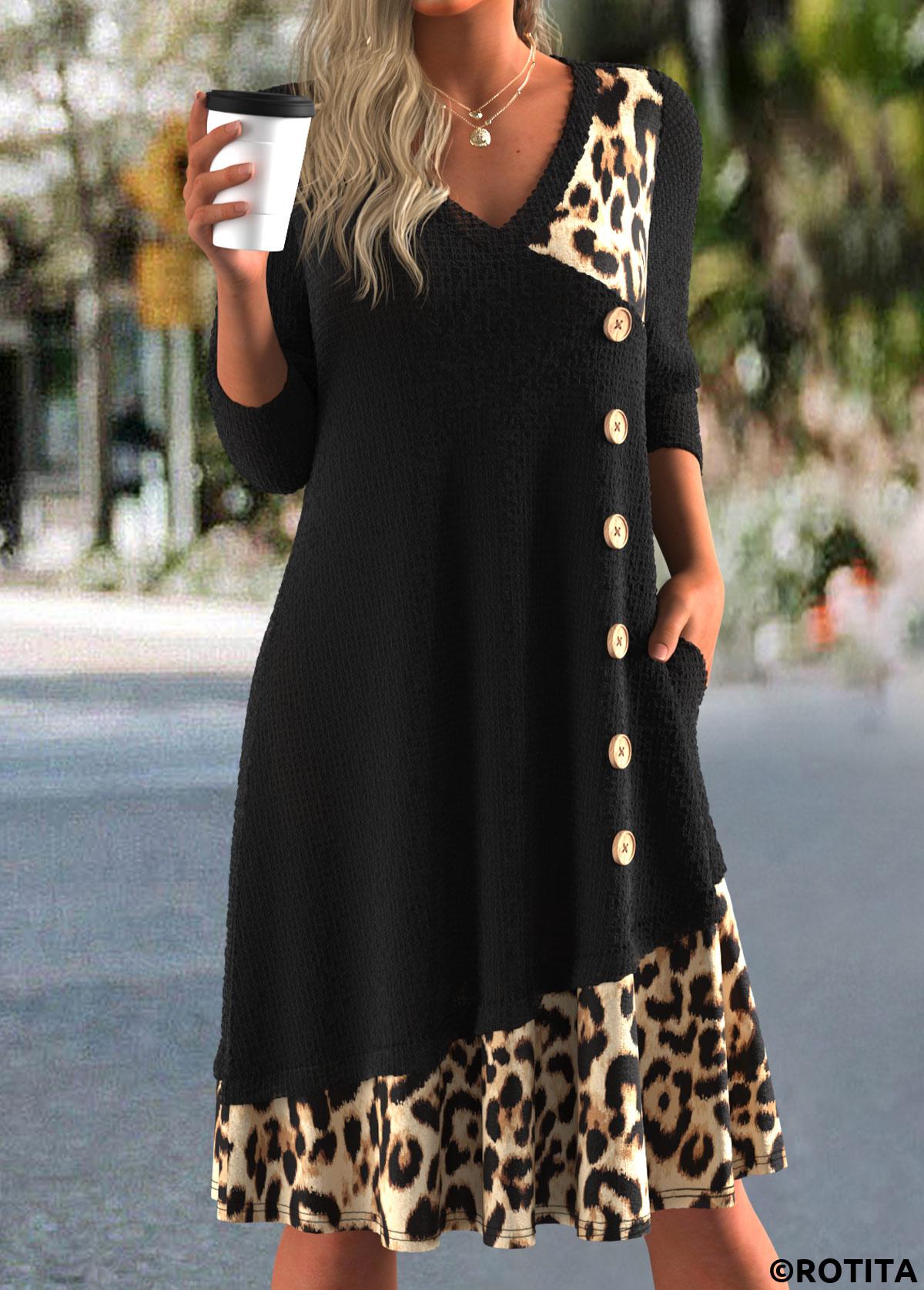 ROTITA Button Leopard Black A Line V Neck Dress