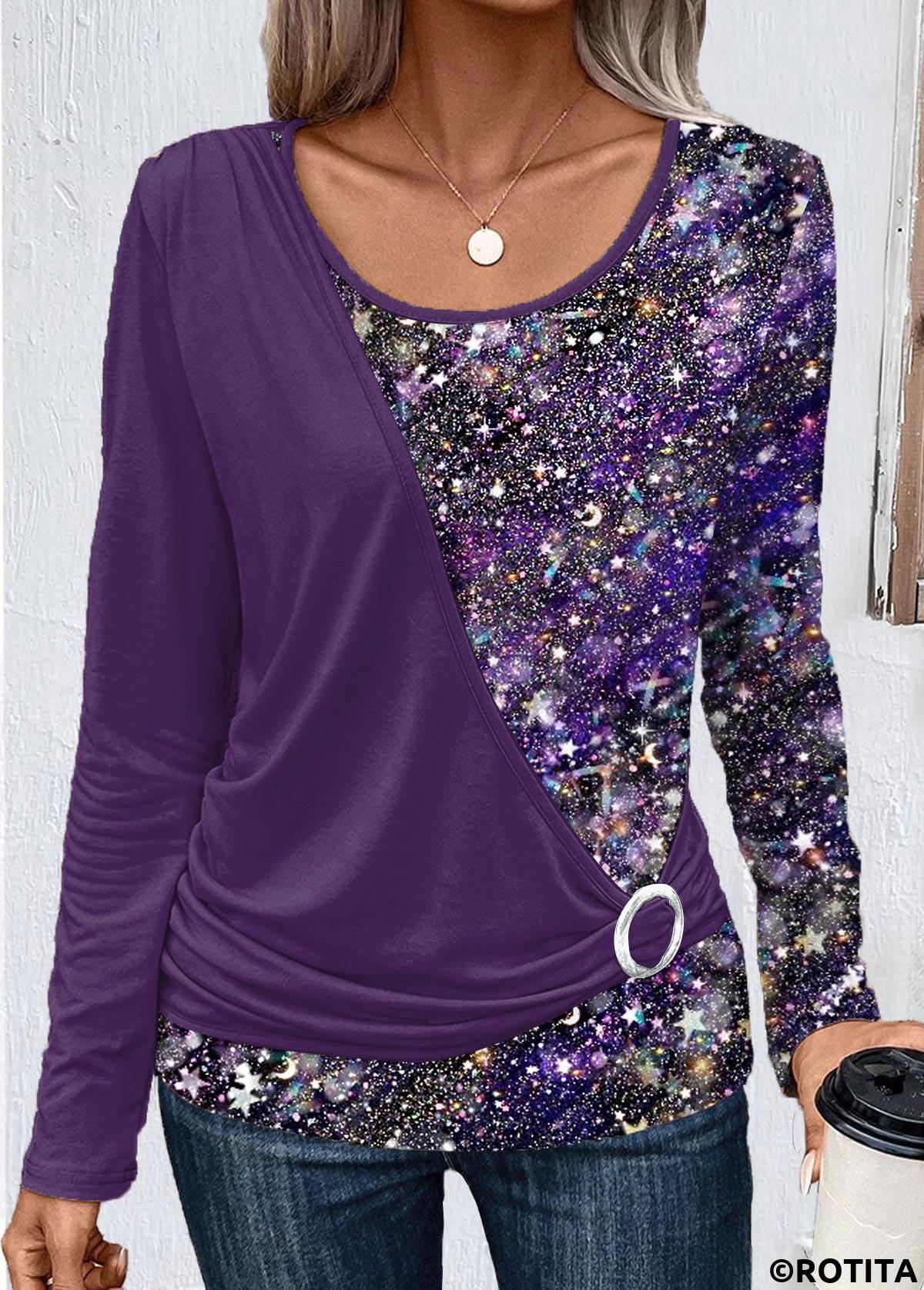 Rotita Patchwork dunkelviolettes T-Shirt mit Rundhalsausschnitt