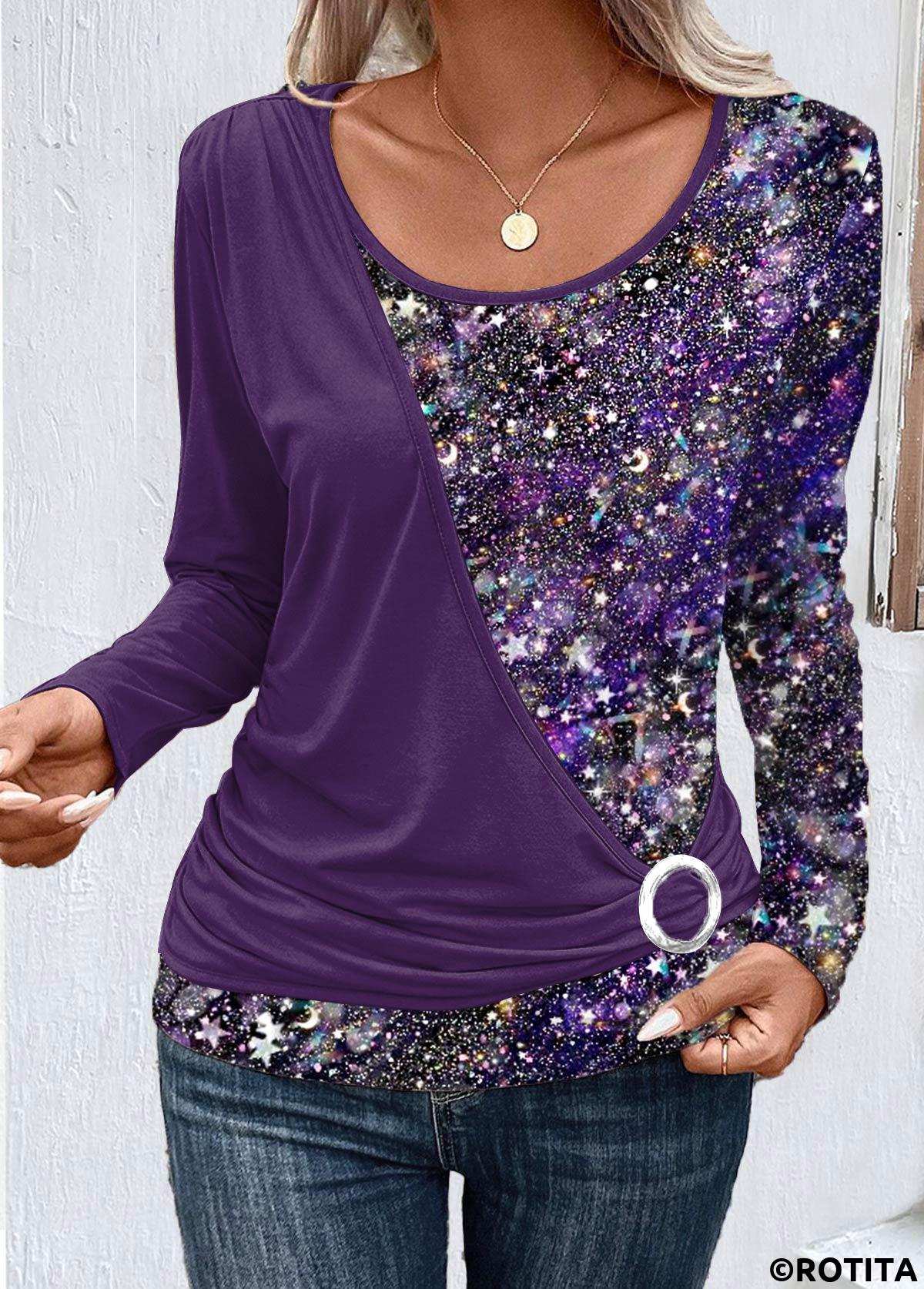 Rotita Patchwork dunkelviolettes T-Shirt mit Rundhalsausschnitt