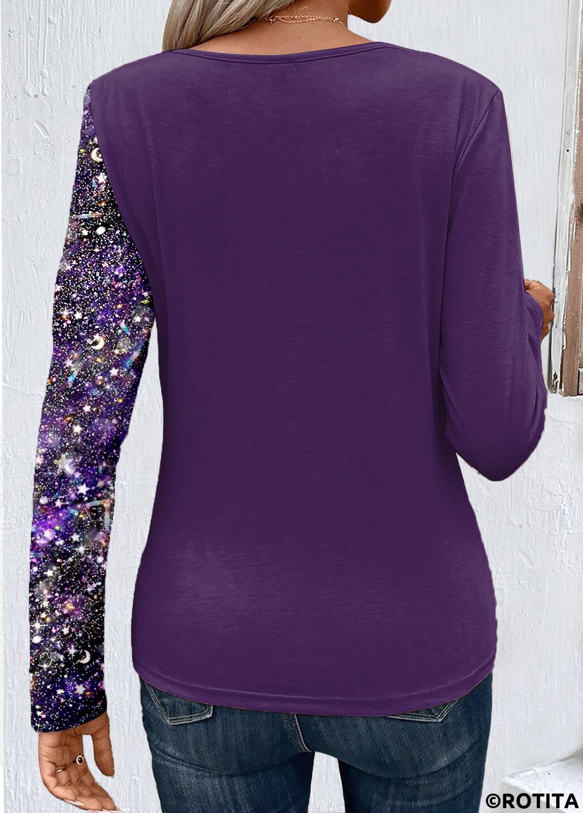 Rotita Patchwork dunkelviolettes T-Shirt mit Rundhalsausschnitt