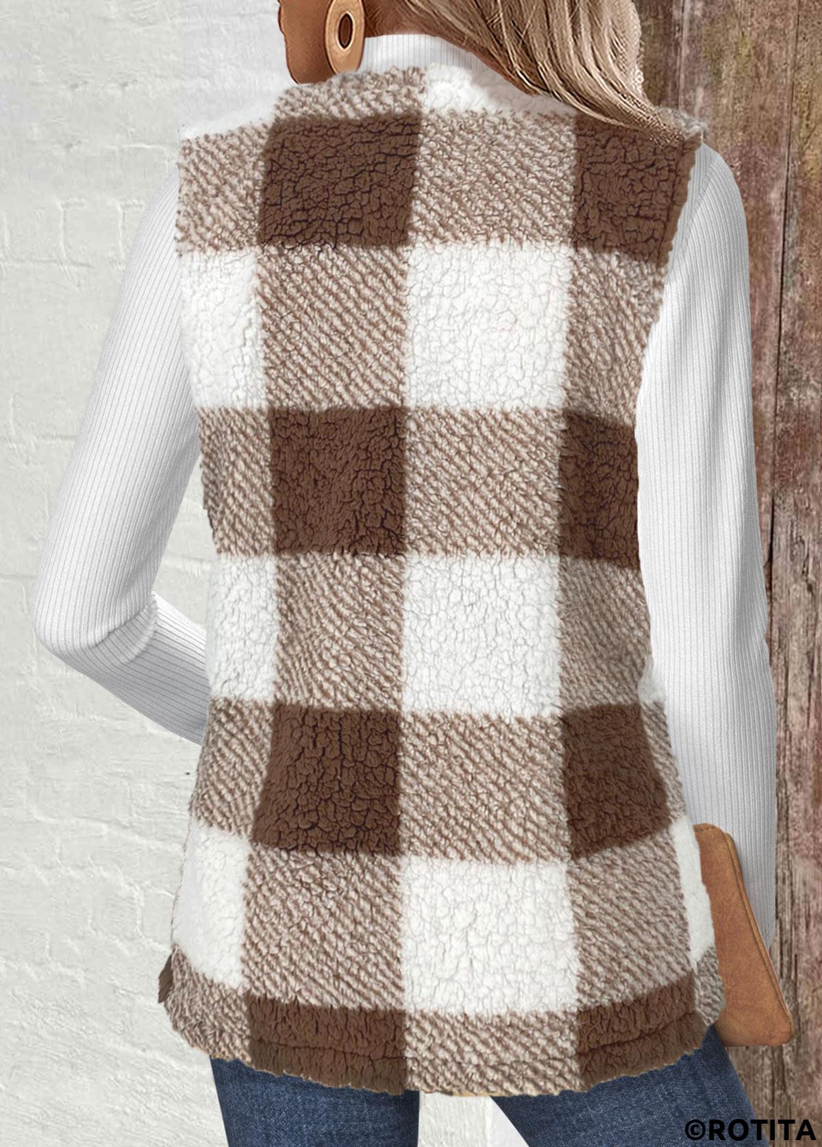 Light Camel tops,Plaid tops,ROTITA Plaid Light Camel Round Neck Sleeveless Waistcoat
