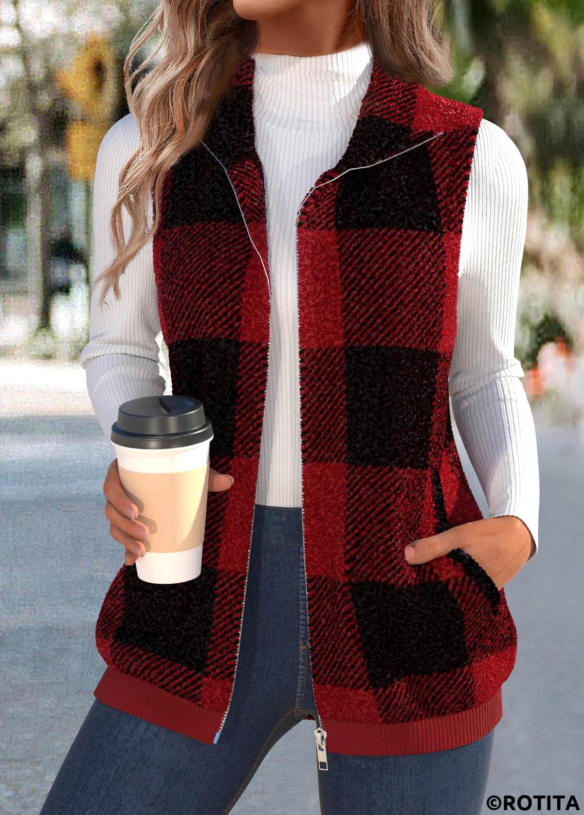 Wine Red tops,Plaid tops,ROTITA Plush Plaid Wine Red Stand Collar Sleeveless Waistcoat