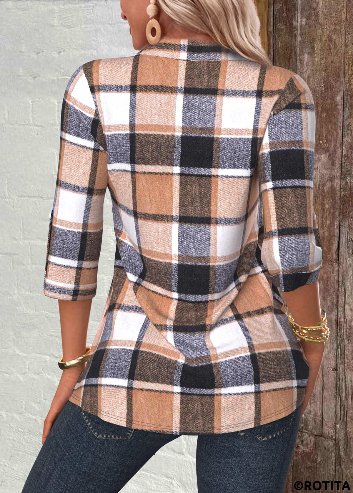 Multi Color tops,Plaid tops,Striped tops,Geometric tops,ROTITA Plaid Multi Color Shirt Collar Fake Two Piece Twinset
