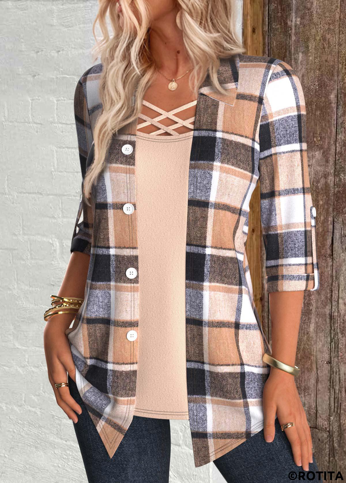 Multi Color tops,Plaid tops,Striped tops,Geometric tops,ROTITA Plaid Multi Color Shirt Collar Fake Two Piece Twinset