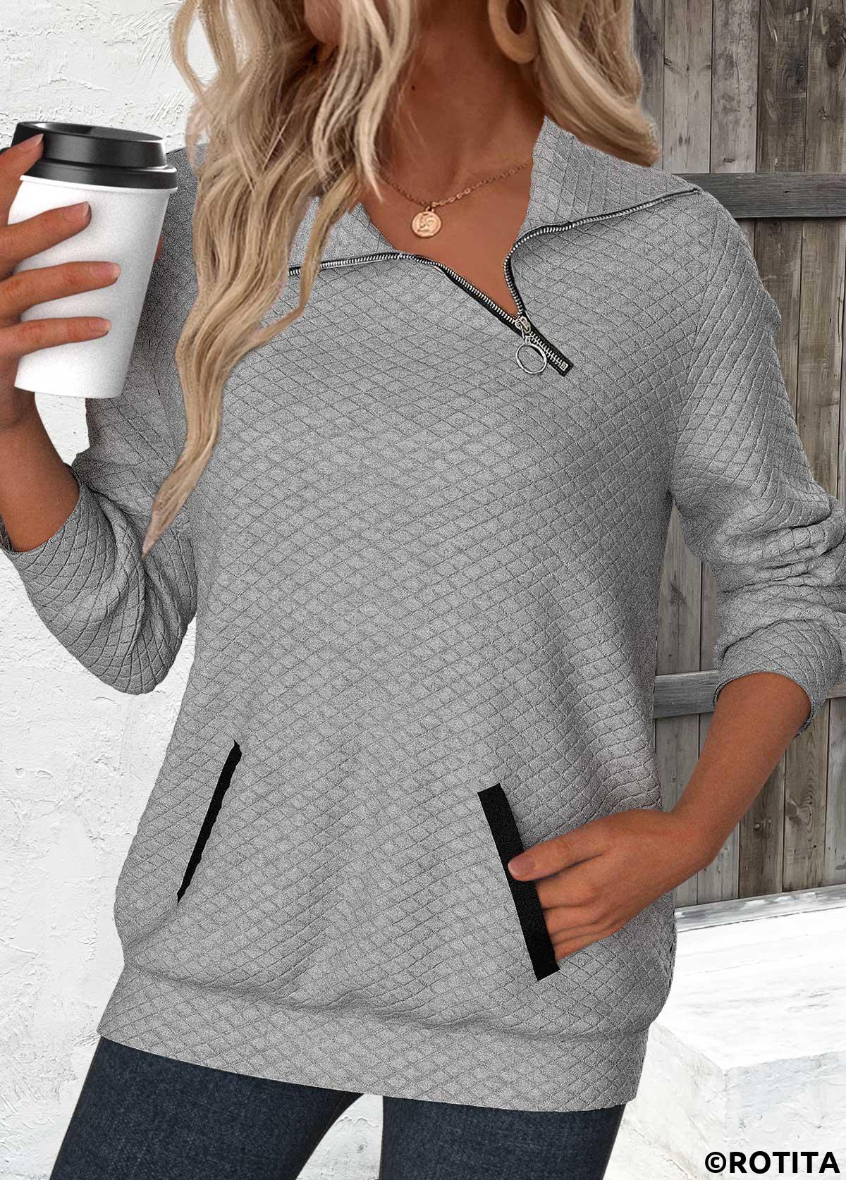 Grey tops,Plain Color tops,ROTITA Jacquard Grey Asymmetrical Neck Long Sleeve Sweatshirt