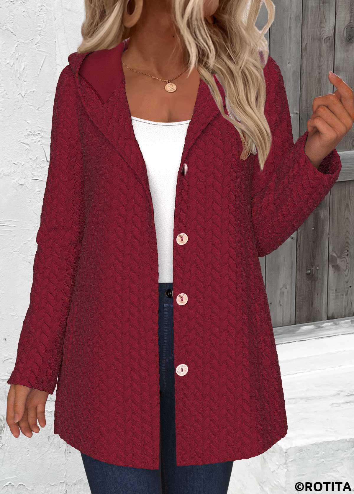 Wine Red tops,Plain Color tops,ROTITA Long Sleeve Wine Red Jacquard Hoodie