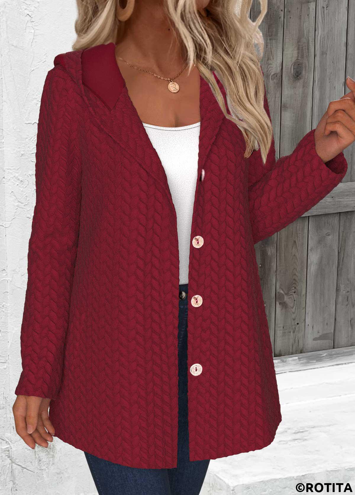Wine Red tops,Plain Color tops,ROTITA Long Sleeve Wine Red Jacquard Hoodie