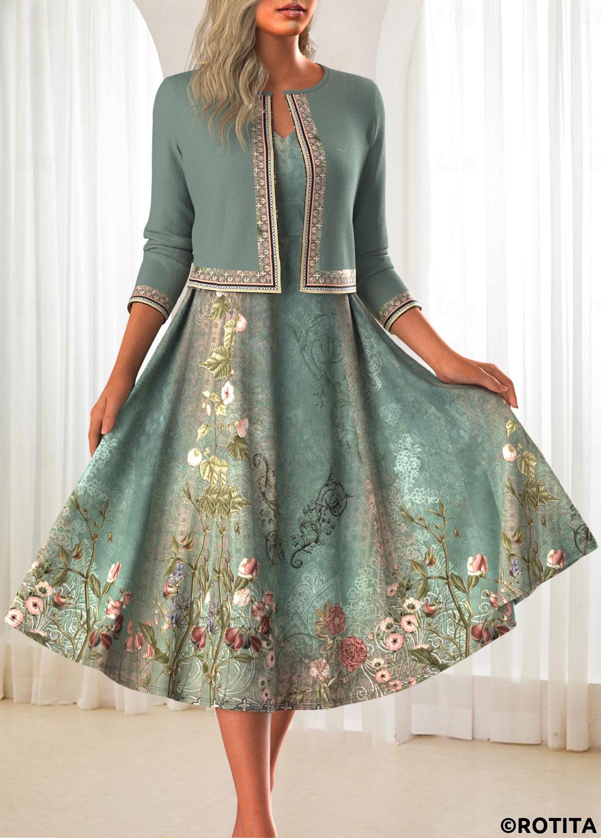 Sage Green dresses,Floral dresses,Plants dresses,Everyday dresses,Casual dresses,ROTITA Two Piece Floral Print Sage Green Dress and Cardigan