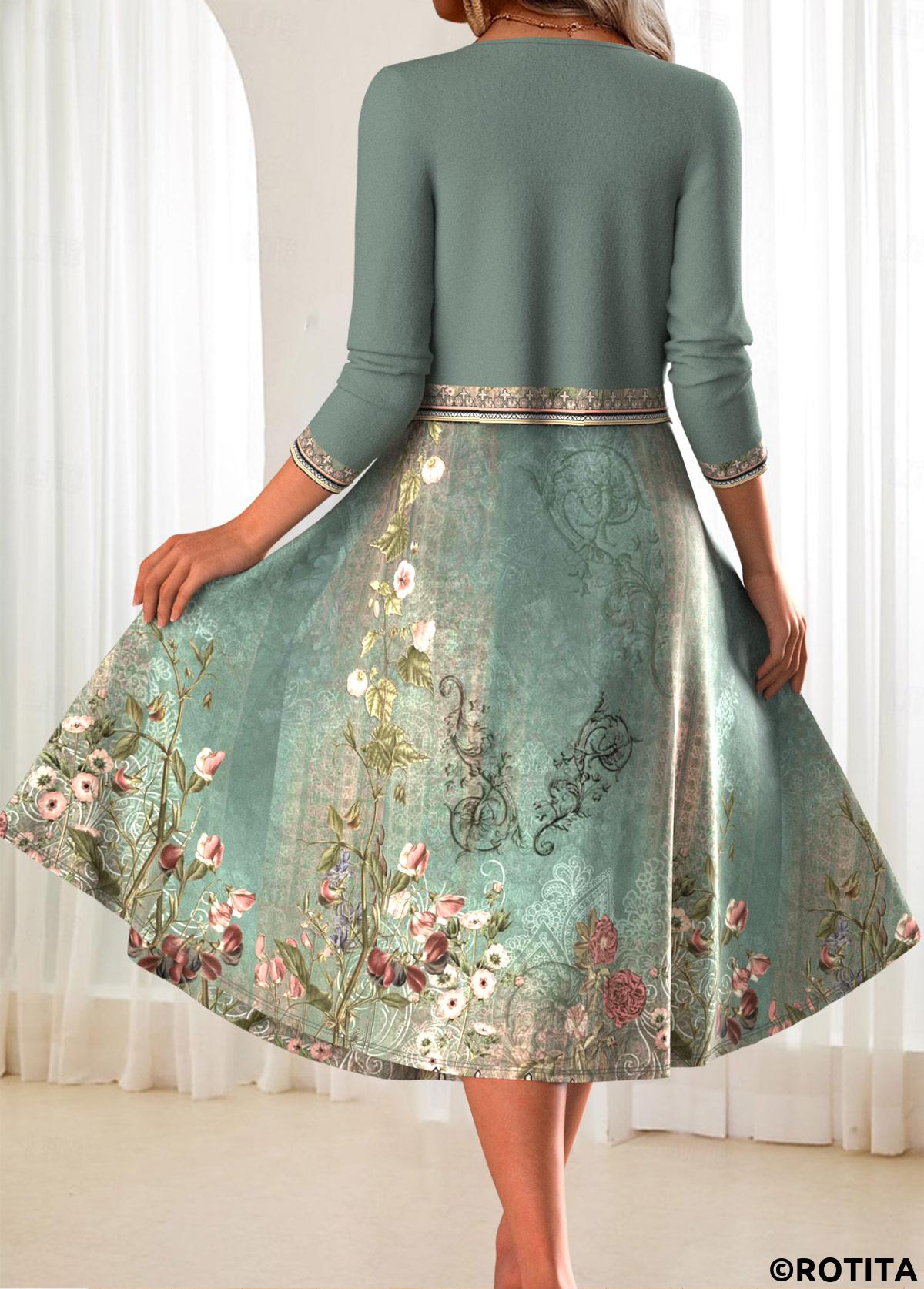 Sage Green dresses,Floral dresses,Plants dresses,Everyday dresses,Casual dresses,ROTITA Two Piece Floral Print Sage Green Dress and Cardigan