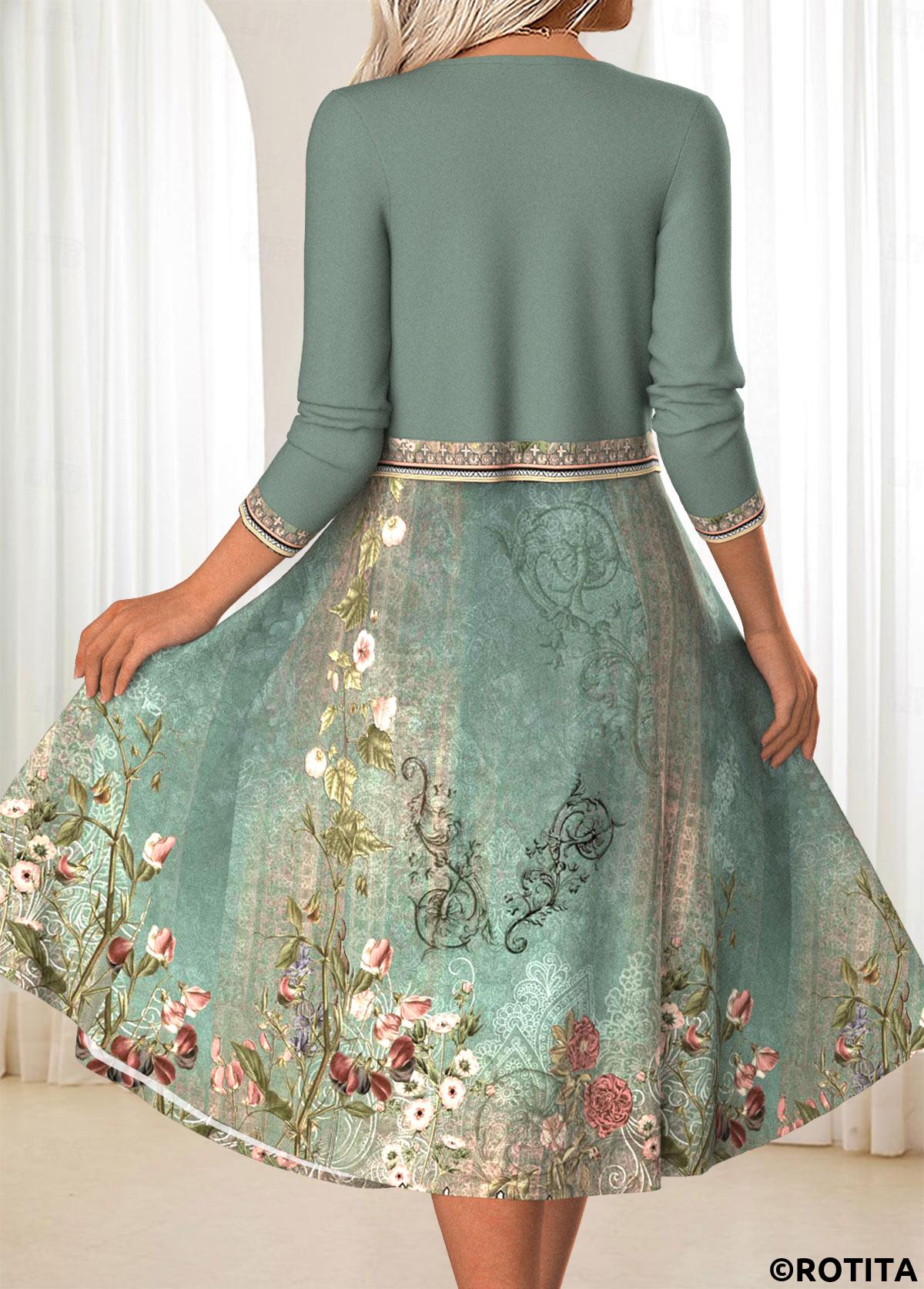 Sage Green dresses,Floral dresses,Plants dresses,Everyday dresses,Casual dresses,ROTITA Two Piece Floral Print Sage Green Dress and Cardigan