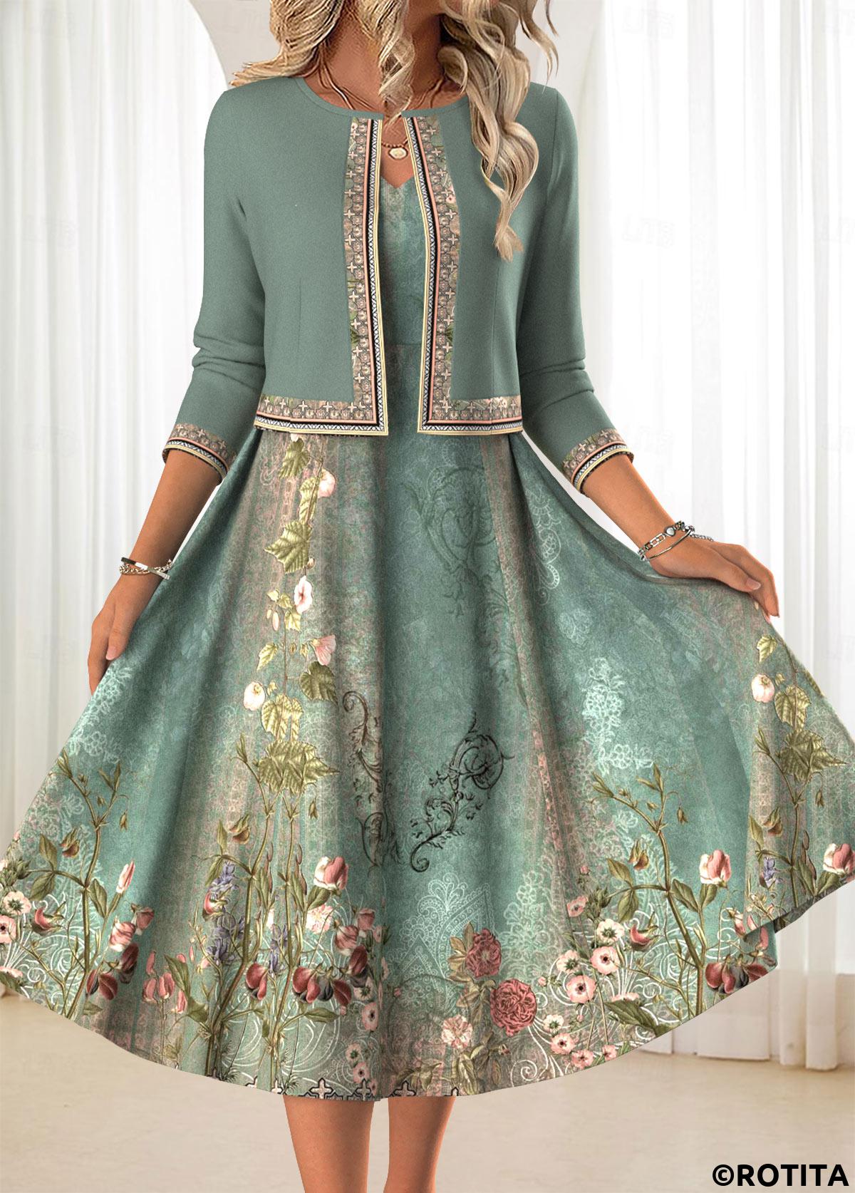 Sage Green dresses,Floral dresses,Plants dresses,Everyday dresses,Casual dresses,ROTITA Two Piece Floral Print Sage Green Dress and Cardigan