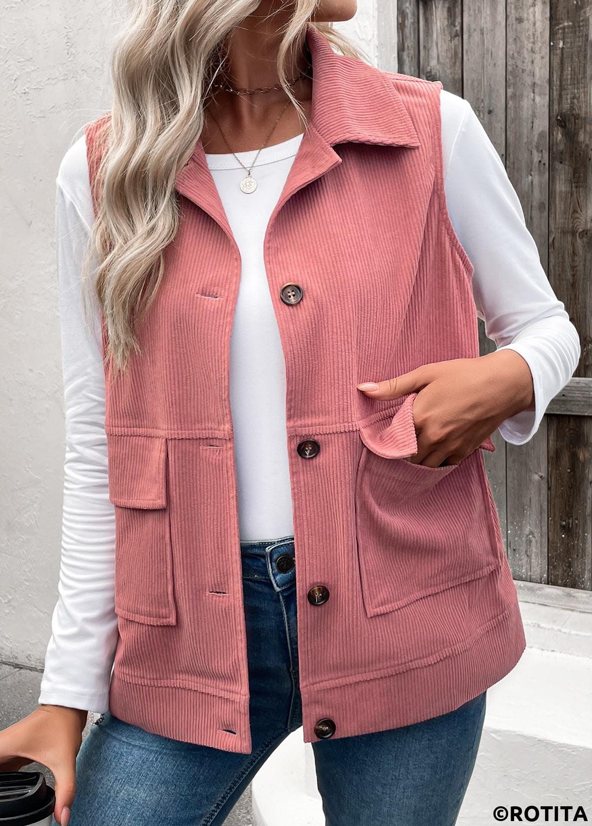 Dusty Pink tops,Plain Color tops,ROTITA Button Up Dusty Pink Turn Down Collar Corduroy Waistcoat