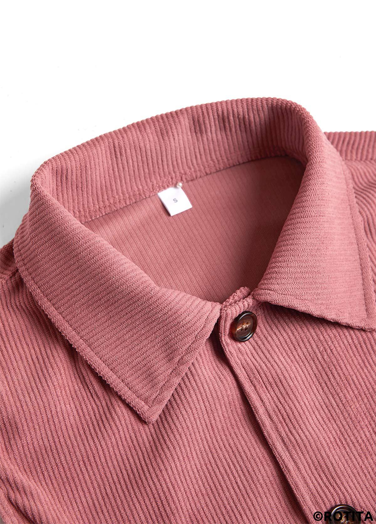 Dusty Pink tops,Plain Color tops,ROTITA Button Up Dusty Pink Turn Down Collar Corduroy Waistcoat