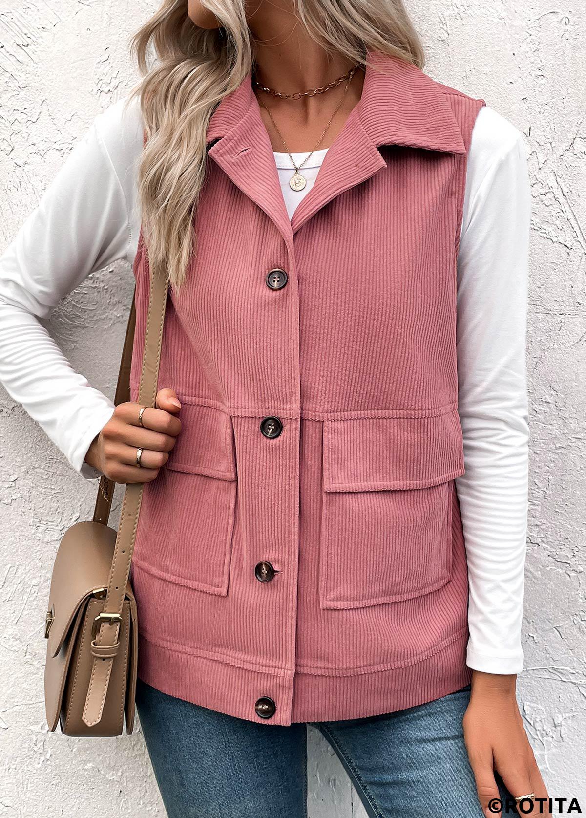 Dusty Pink tops,Plain Color tops,ROTITA Button Up Dusty Pink Turn Down Collar Corduroy Waistcoat