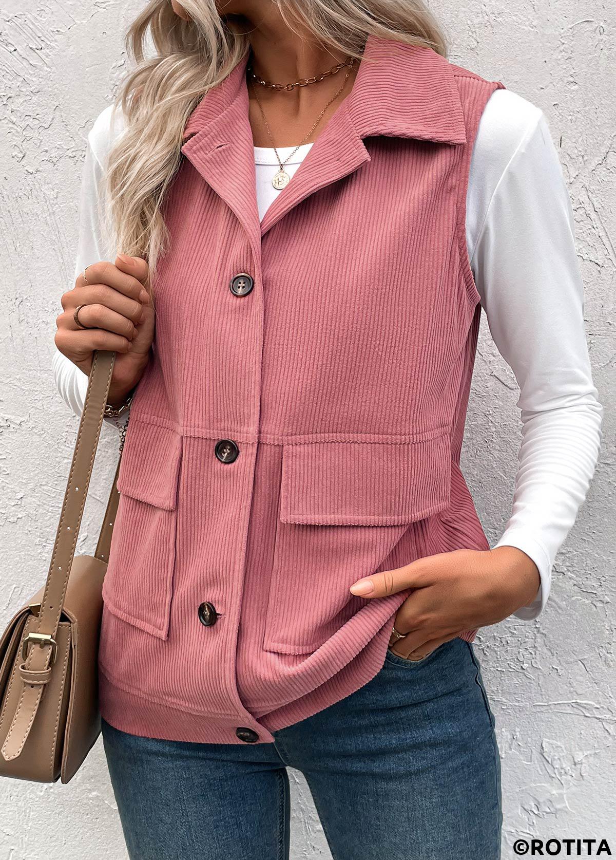 Dusty Pink tops,Plain Color tops,ROTITA Button Up Dusty Pink Turn Down Collar Corduroy Waistcoat