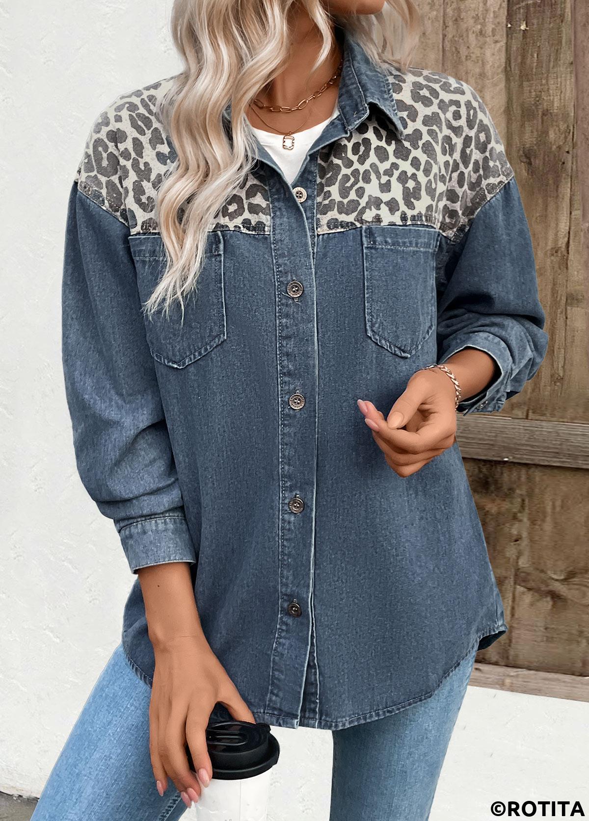 Denim Blue tops,Leopard tops,Patchwork Leopard Denim Blue Long Sleeve Shirt