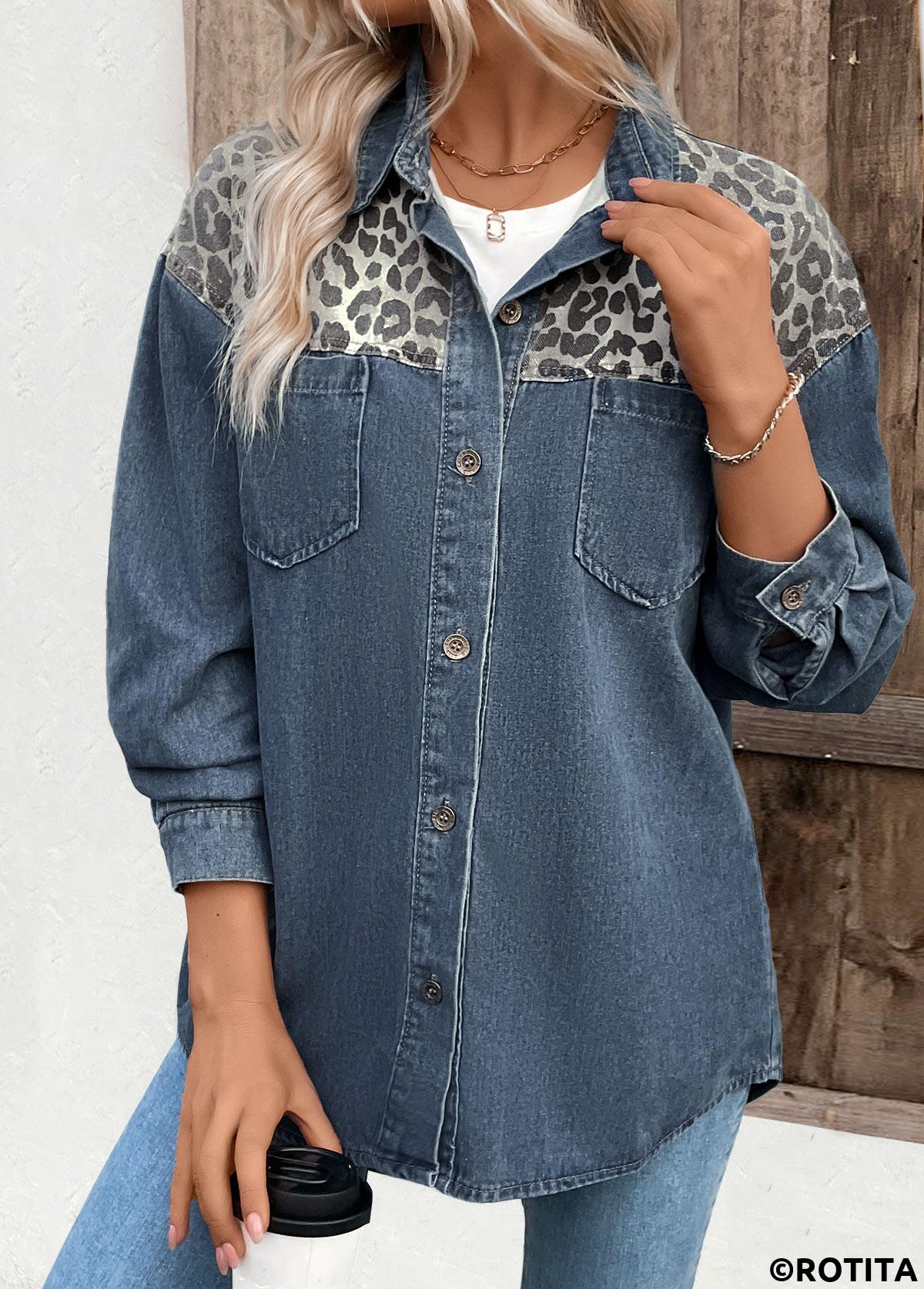 Denim Blue tops,Leopard tops,Patchwork Leopard Denim Blue Long Sleeve Shirt