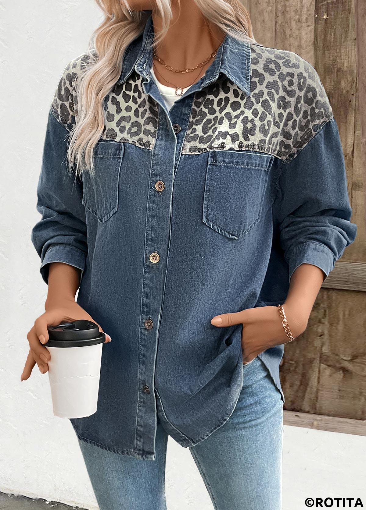 Denim Blue tops,Leopard tops,Patchwork Leopard Denim Blue Long Sleeve Shirt