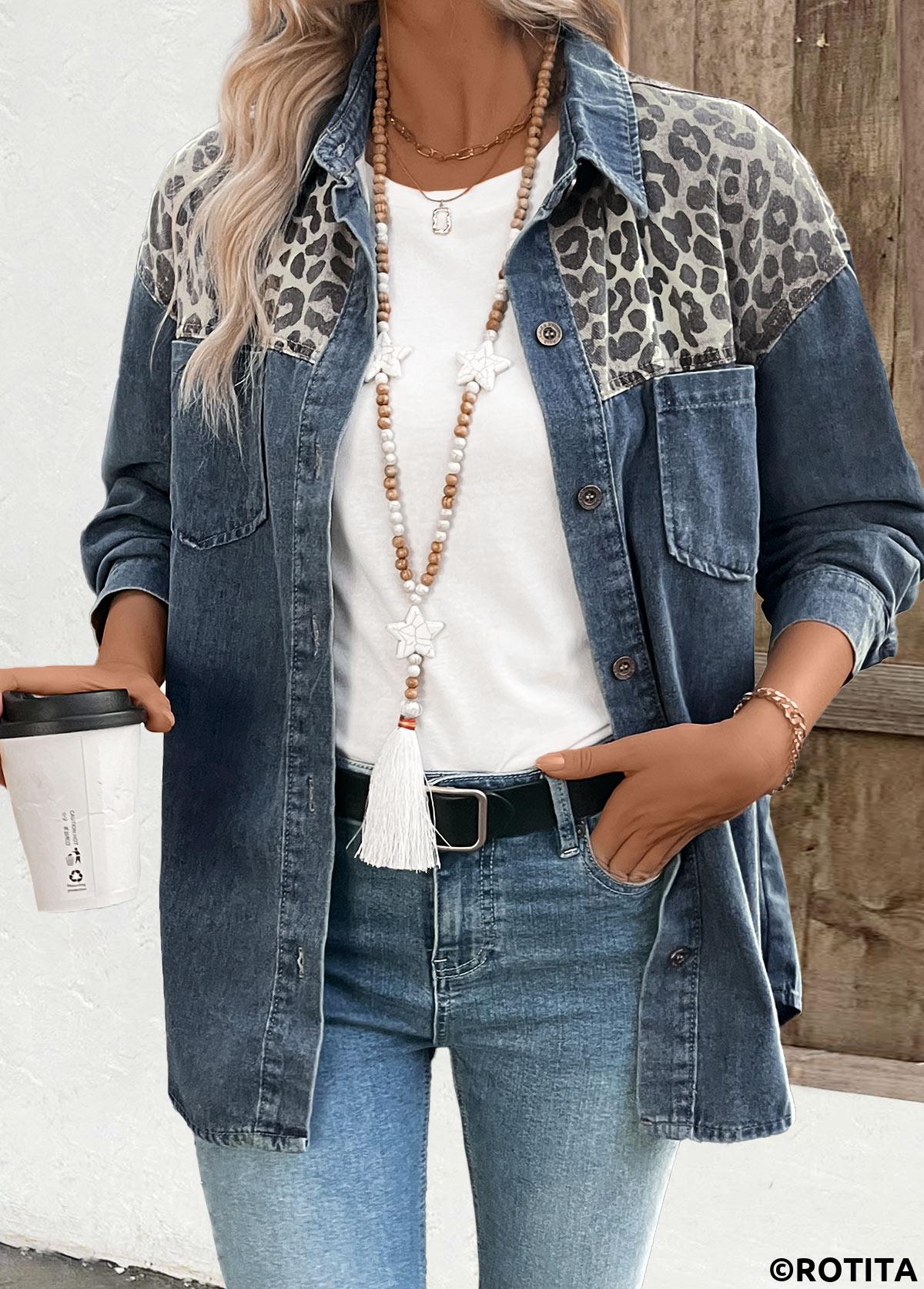 Denim Blue tops,Leopard tops,Patchwork Leopard Denim Blue Long Sleeve Shirt
