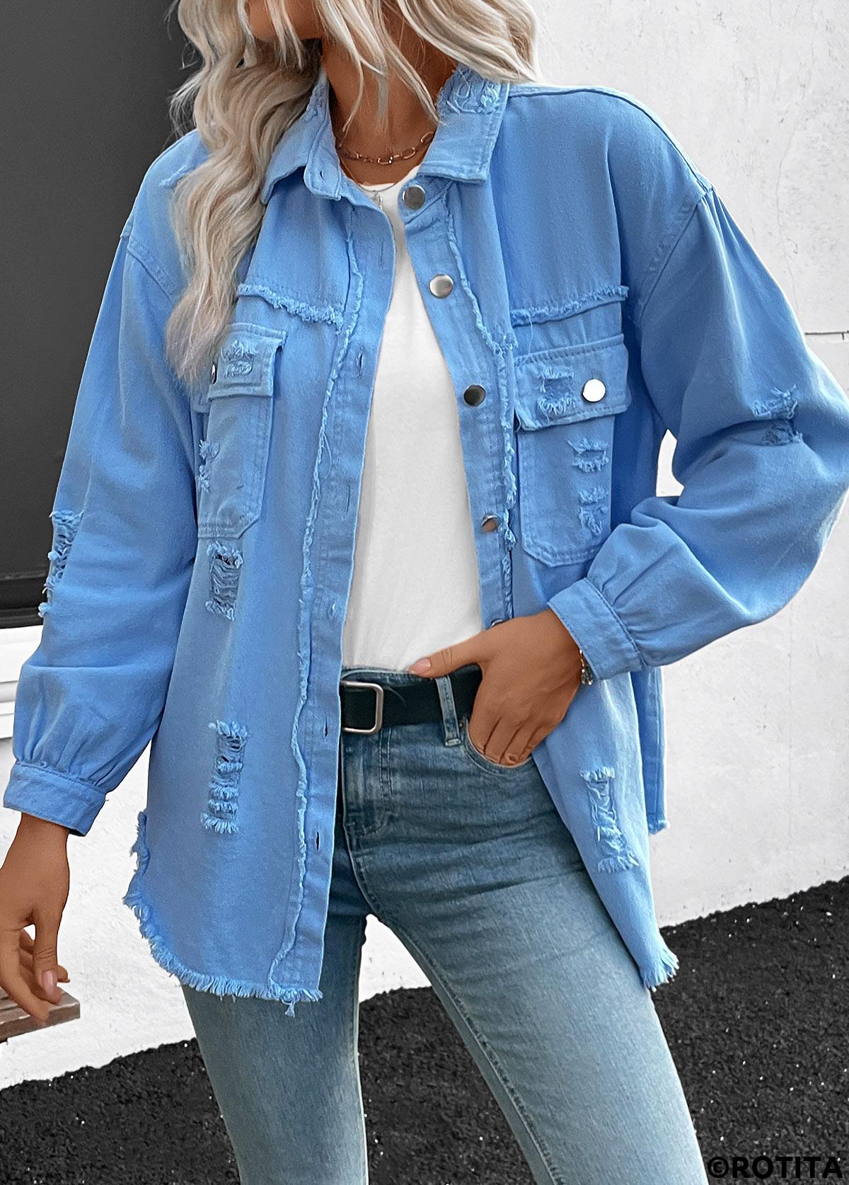 Denim Blue tops,Plain Color tops,Long Sleeve Patchwork Denim Blue Shirt