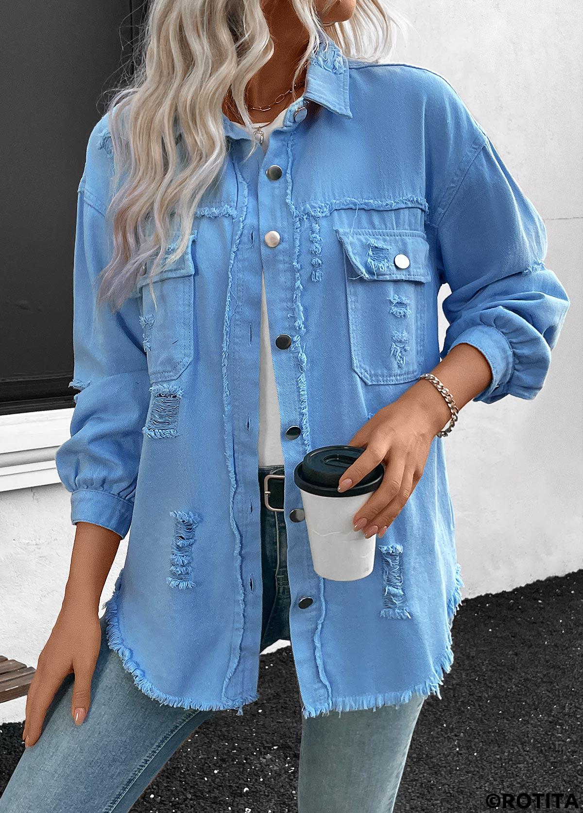 Denim Blue tops,Plain Color tops,Long Sleeve Patchwork Denim Blue Shirt